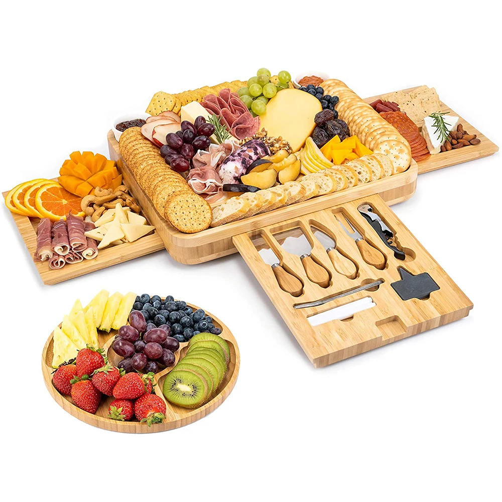 Extra Large Bamboo Charcuterie Board and Knife Set for Meat and Cheese Cutting Perfect Kitchen Serving Tray Gift for Christmas