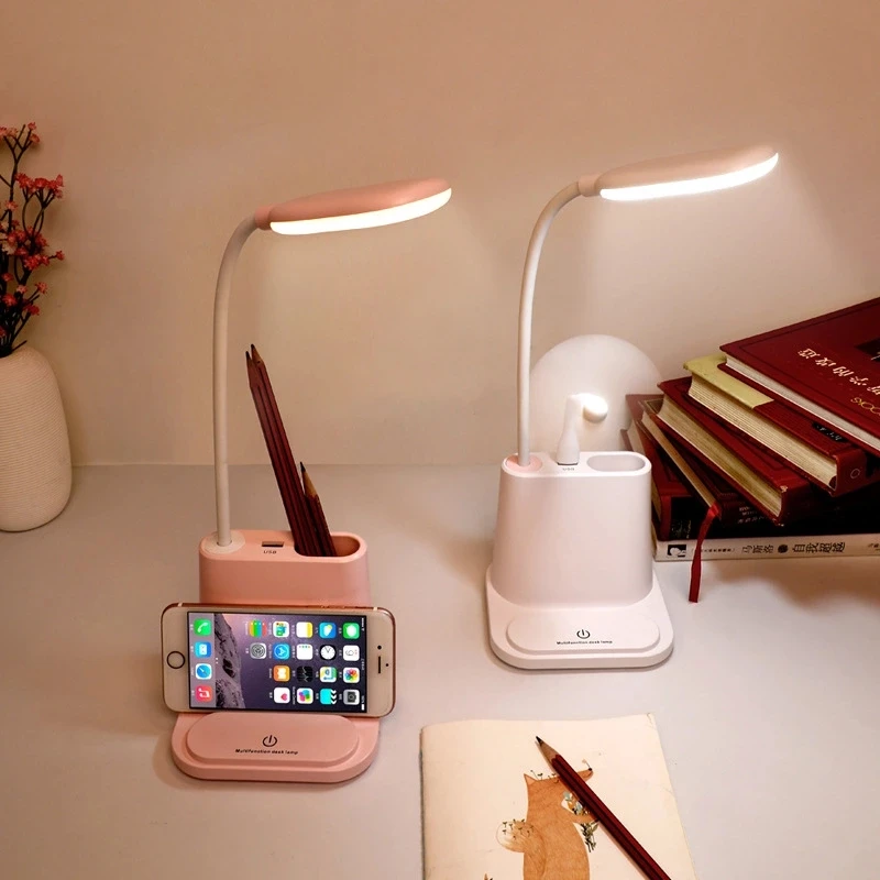 Creative Multi-function USB Rechargeable LED Desk Lamp with USB Fan Pen Organizer Phone Holder LED Table Lamp