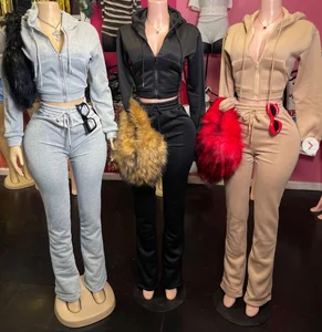 Viviblook Z1010ST10 Women's Tracksuit Velvet Hooded Cardigan Jacket Flared Pants Jogger Sweatpants 2 Piece Set for Women