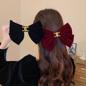 Vintage Black Big Large Velvet Bow Hair Clip for Women Girls Wedding Long Ribbon Korean Hairpins Barrette Hair Accessories