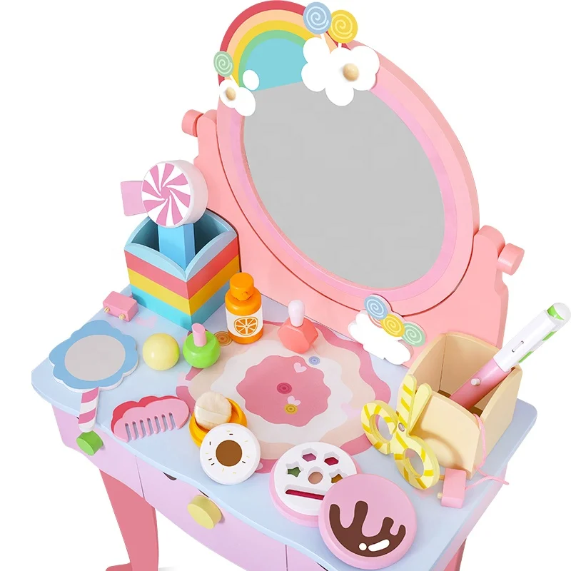Pretend Vanity Play Set Dressing Table Dresser Wooden Toy Makeup Vanity Table with Mirror