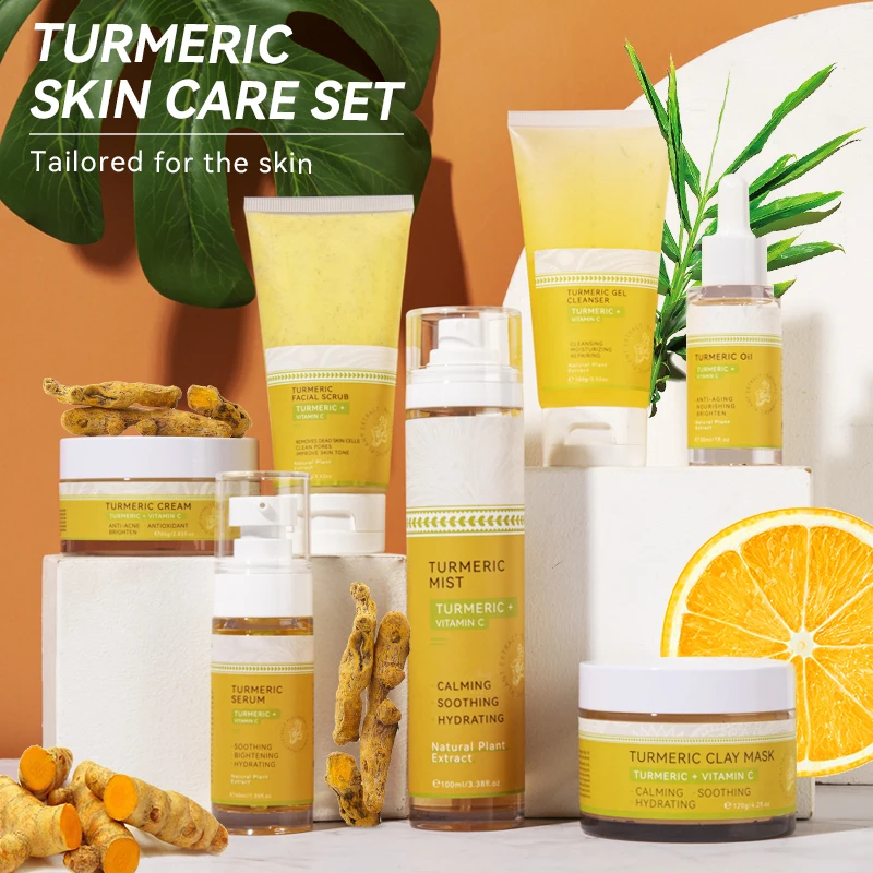 Low MOQ Private Label Luxurious Turmeric Vitamin C Moisturizing Anti-Acne Dark Spot Whitening Facial Serum Cream Oil Set-OEM/ODM