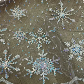 Width 130 cm Blue Snow Flake Sequins Beads Embroidered Tulle Fabric Hollow Out Mesh Lace Embroidery Fabric for Bridal Dress