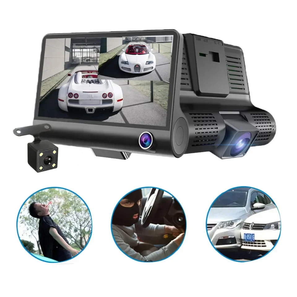 Otomatik kayıt Dash kamera araba dvr'ı 4 inç ekran Dash kamera 3 kameralar Lens dikiz kamera ile taşınabilir Video kaydedici