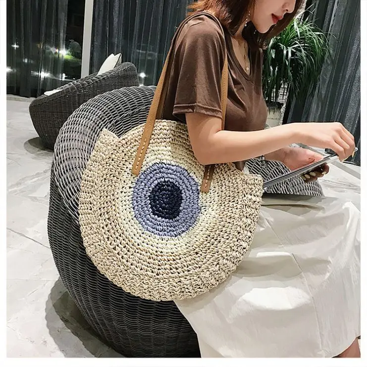 Luxury Straw Circle Tote Luxury Colorful Tote Bag Handwoven Straw