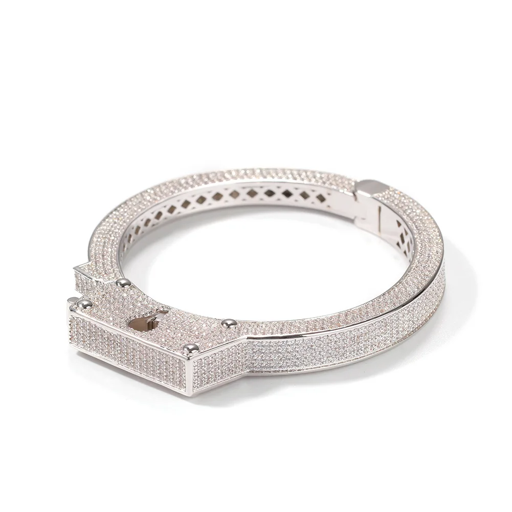 ICEDIAMOND 14K Gold Plated Hip Hop Bracelet - Iced Out Handcuff Bangle With Zirconia Stones, Serrated Lock Buckle For Men