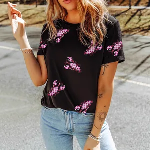 High Quality Custom Embroidery Sequin T-Shirt for Women Oversized Lobster Graphic Casual Solid Style Tshirts t Shirts