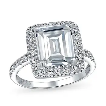 Large Halo Pave 925 Sterling Silver 5Ct Emerald Cut Ring For Wedding Emerald Cut Moissanite Engagement Ring