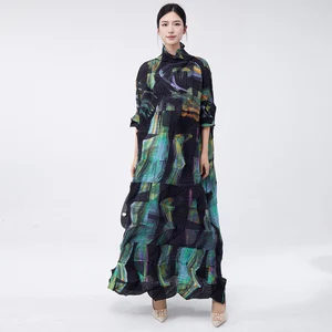 Miyake Factory Outlet Women's Casual Style Maxi Pleated Dress Loose Plus Size Fashion Personality Belt Ruched Patterns Fits