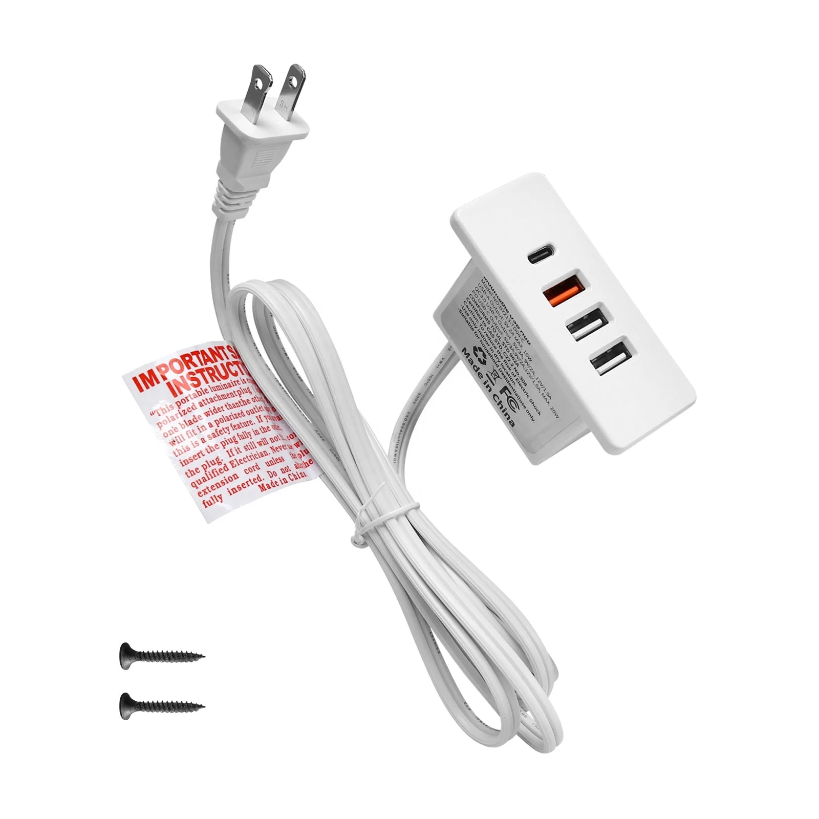 Powered USB C Hub Socket Recessed USB C Power Strip Outlet with Fast Charge 4 USB Ports 20W Mounted Into Bed Desk Table Sofa