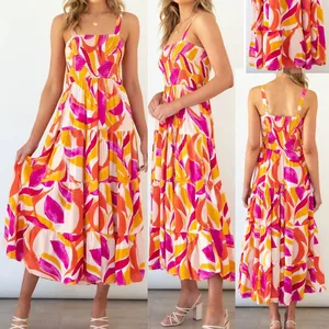 China Manufacturer Summer Shoulder Strap Chic Shirred Clothing Women Casual Purple Floral Dresses