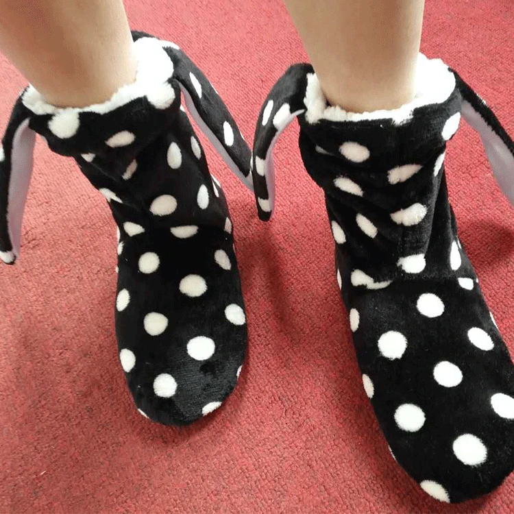Новинка, домашние сапоги из ПВХ с кроличьими ушками для взрослых, Нескользящие домашние теплые плюшевые сапоги в горошек, обувь для раннего развития