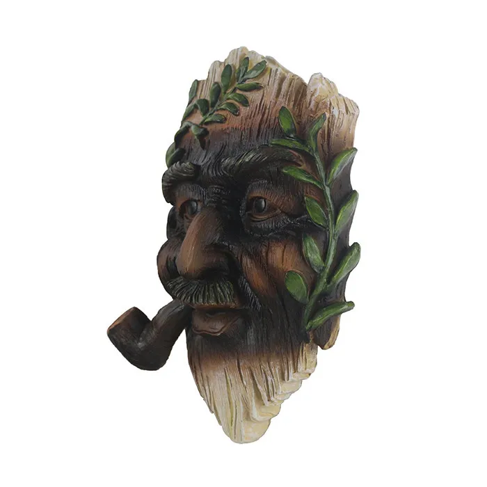 Tree Face Hand-painted Outdoor Old Man Tree Hugger Sculpture with a Tobacco Pipe in Mouth for Yard Decorations and Home Decor