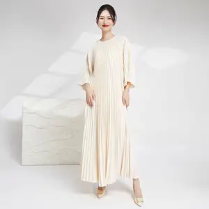 High Quality Summer Pleated Dress With Long Sleeves Loose Waistband Plus Size European American Fashion Casual Style for Women