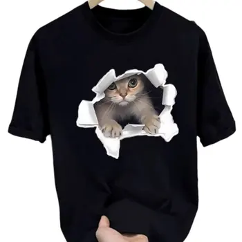 New Fun Cat Printed Men's Summer Round Neck Cotton T-shirt Casual Top Short Sleeve