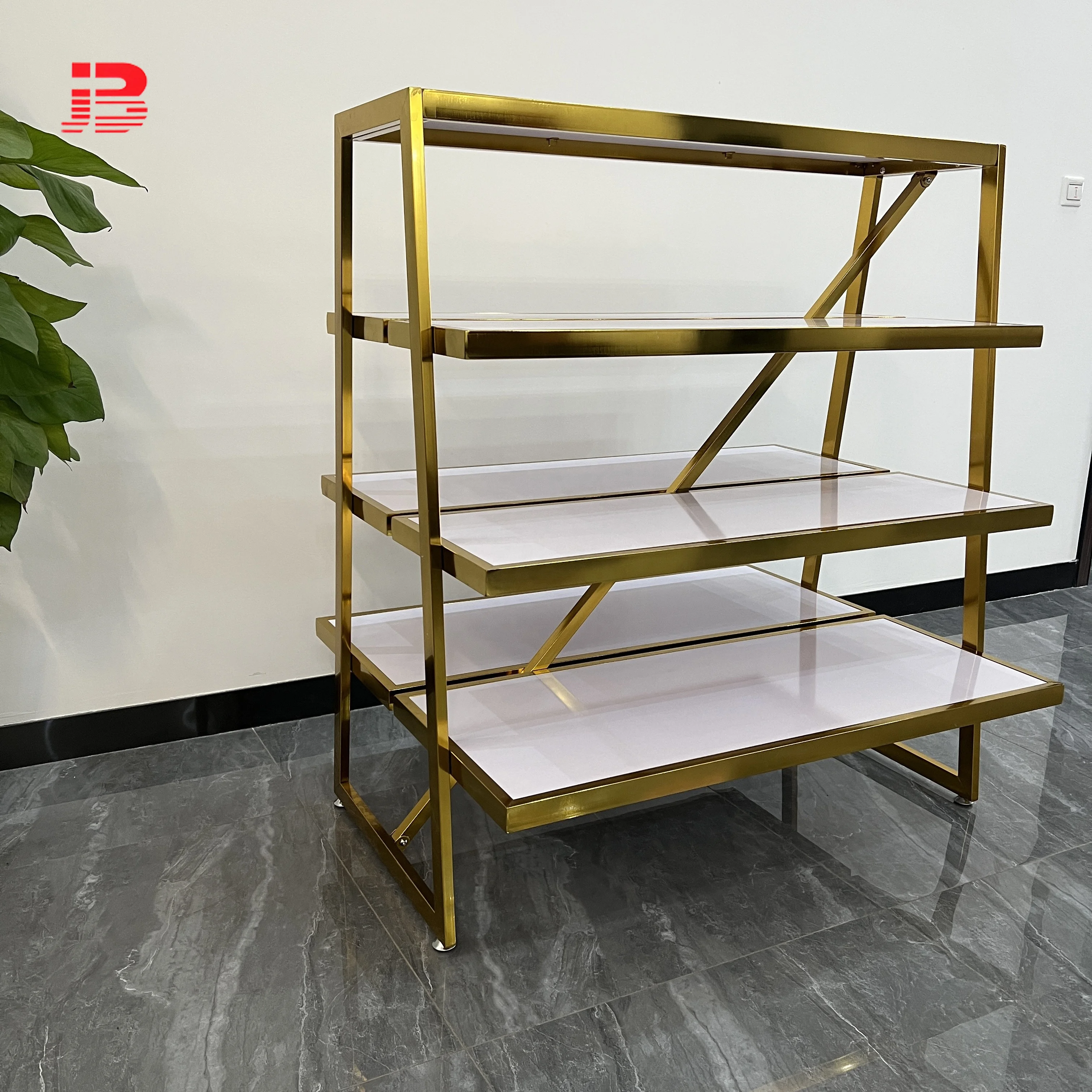 Gold metal multi-layer wooden center island display stand manufacture