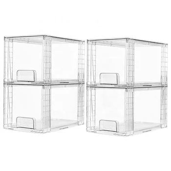 4 Pack Large Clear Acrylic Drawers Stackable Storage Organizers Easy-to-Handle Assembly Bathroom Makeup Pantry Organization