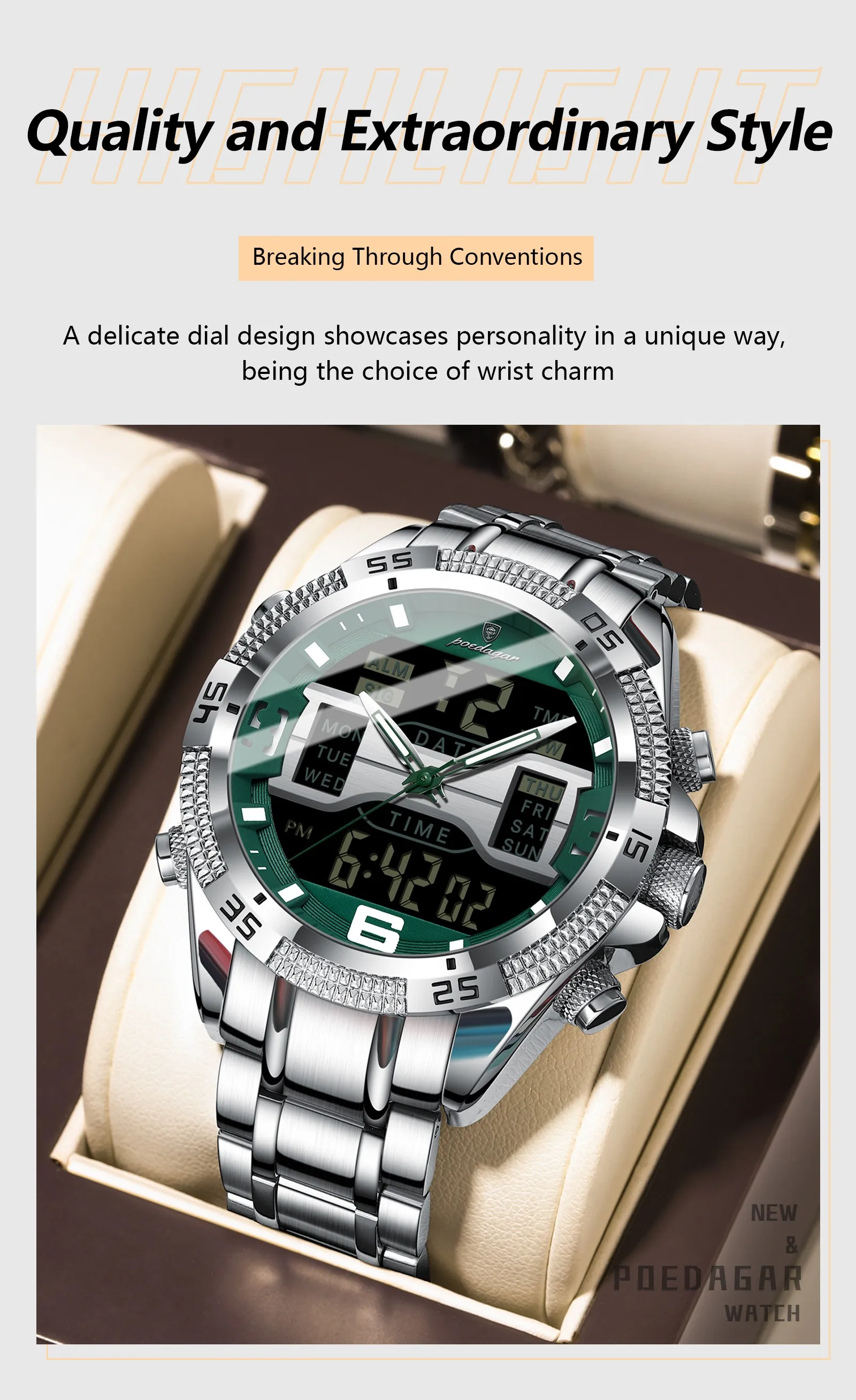 POEDAGAR E103 Waterproof Clock LED Men's Date Week Fashion Wristwatch Stainless Steel Strap Sport Quartz Watches Digital Watches