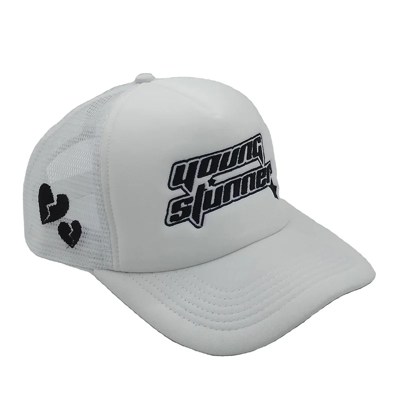 Plain Solid Color City Cap Custom  logo Raised  Embroidery  Snapback Hat Foam White Trucker Hat With Nylon Mesh