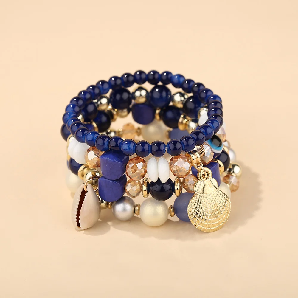 4件/套时尚沙滩金色串珠贝壳扇贝多层串珠手链为妇女设置魅力派对饰品