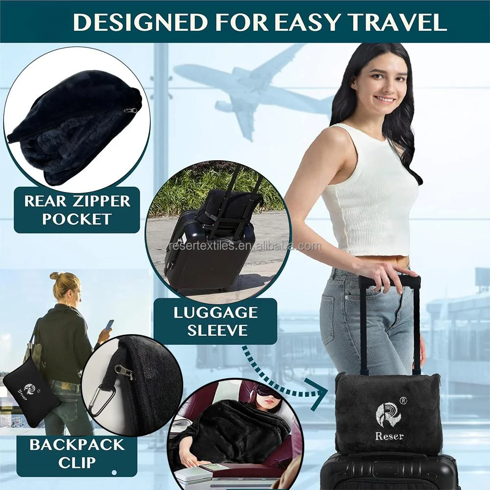 2-in-1 Premium Travel Blanket and Pillow Customizable Logo Hand Luggage Belt with Backpack Clip Perfect Carry-On Accessory