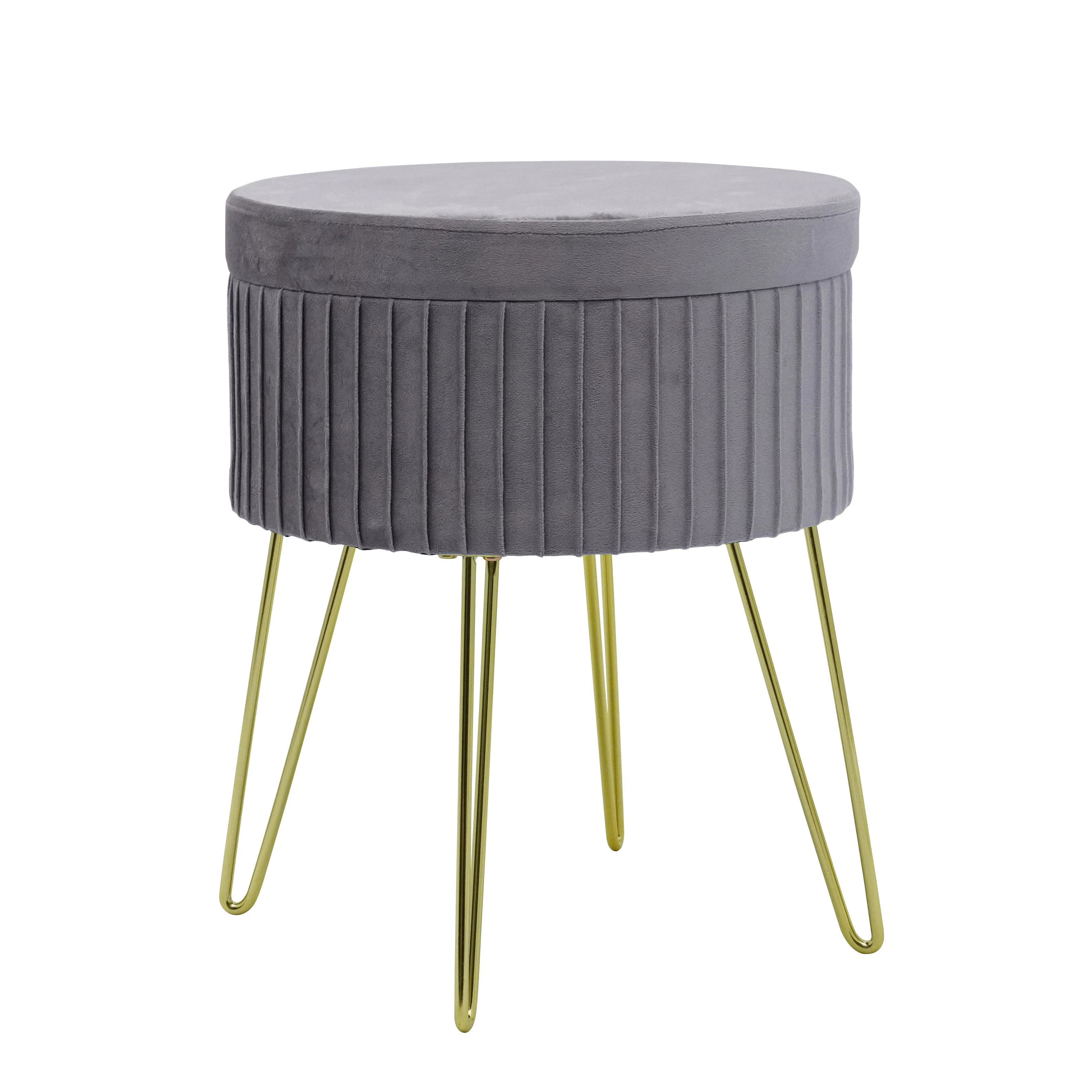 Luxury Upholstered Tufted Round Velvet Stool Footrest Ottoman with Metal Legs for Living Room