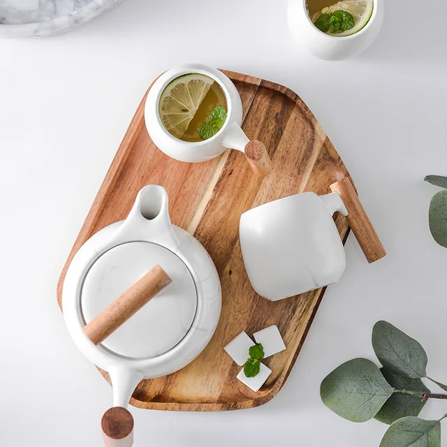 Nordic Designer Porcelain Coffee and Tea Cup Set with Wood Handle and Gift Box Included