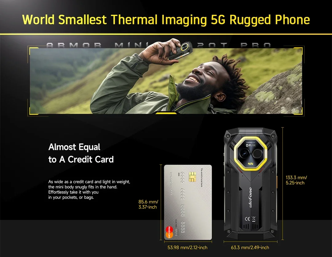 Ulefone Armor Mini 20T Pro Rugged Smartphone 5G Thermal Imaging 4.7" Display 8GB+256GB Android 14 NFC Cellphones