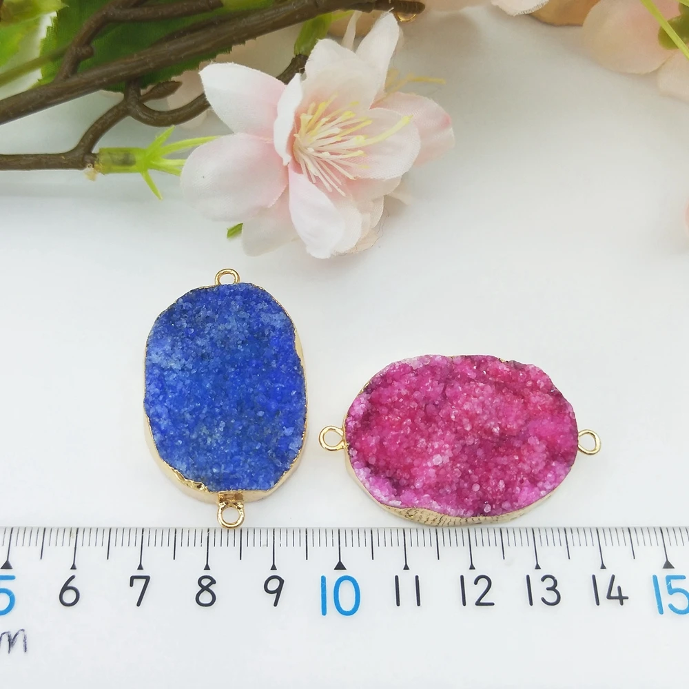 Customized Gold Edge Blue Red Yellow Rose Crystal Double Bails Pendant Free Form Oval Druzy Agate Geode Connector for Bracelet