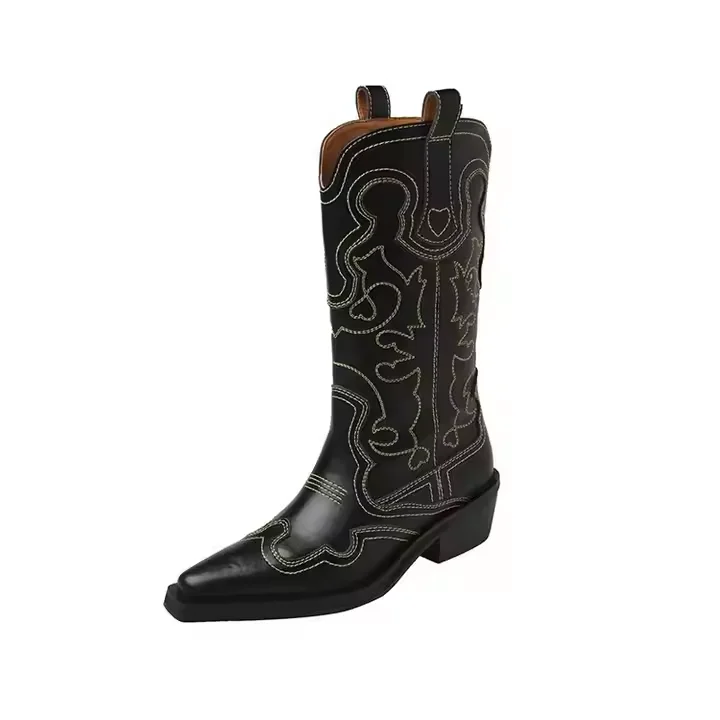 Customized Winter New Calfskin Cowboy Boots Genuine Leather 5cm Block Heel Women Western Boots - Image 1