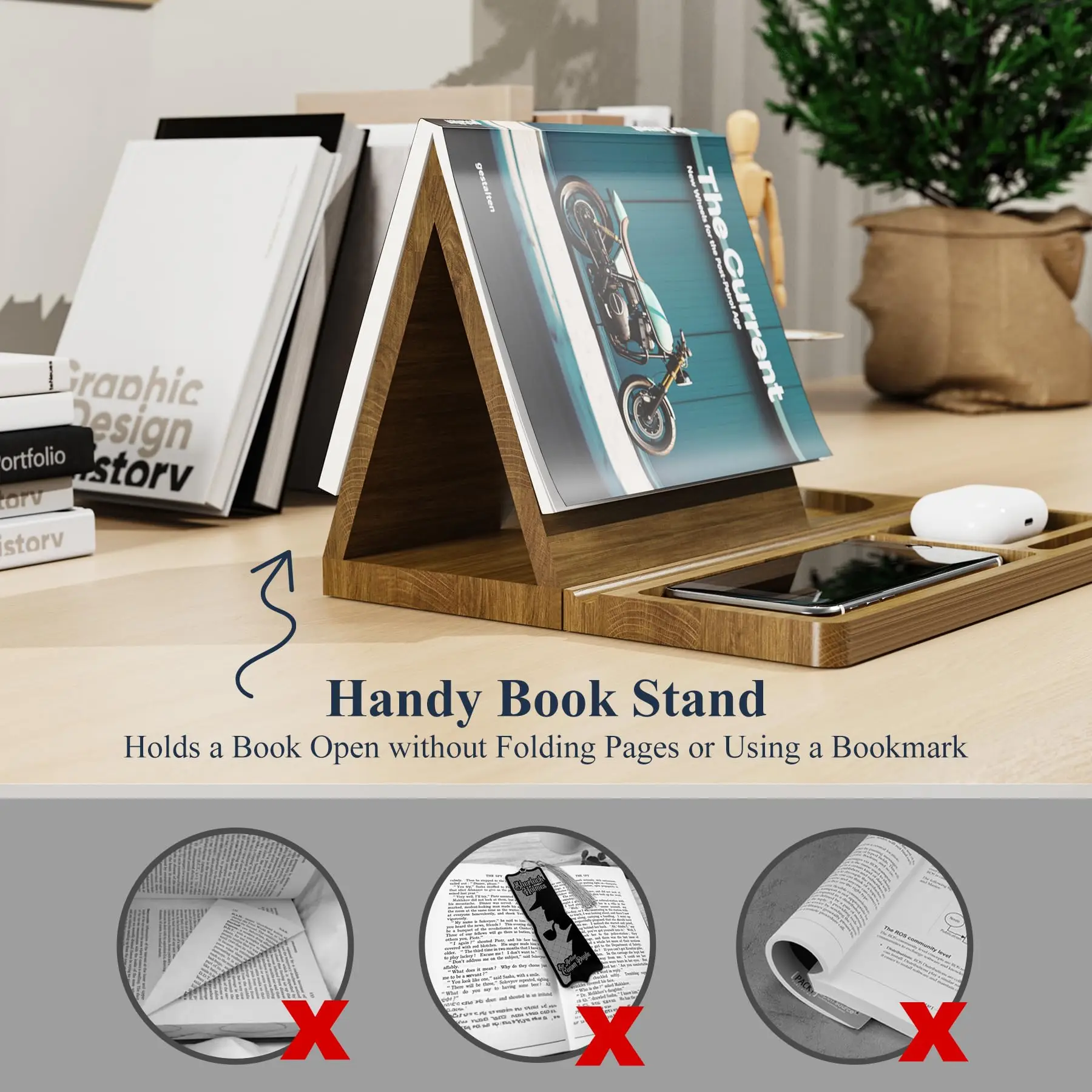 product book stand with cup holder storage slots desk organizer with detachable magnetic base book rest storage rack for home decor-6
