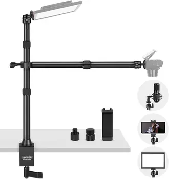 NEEWER TL253A+DS001 Table Camera Tripod with 2 Telescopic Arms, Phone Holder, Ball Heads, Screw Adapter, Table Light Stand for