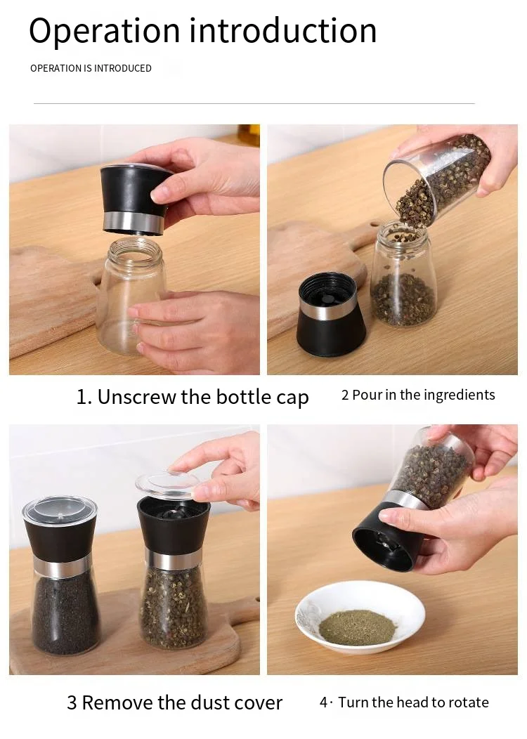 Manual grinder Kitchen glass seasoning bottle Household stainless steel black pepper coffee seasoning grinding bottle factory