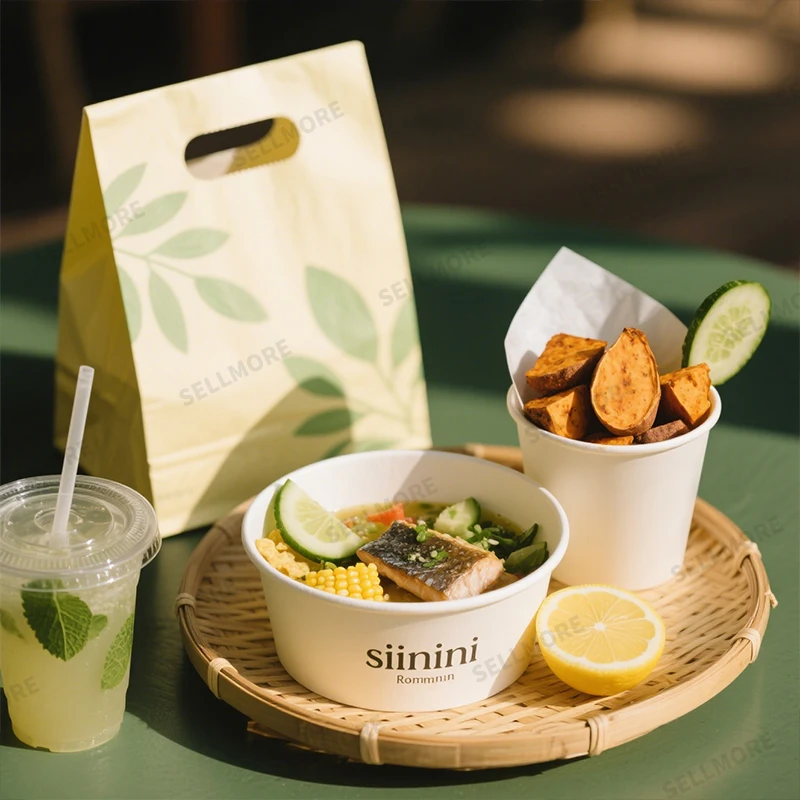 750 ml és 1300 ml-es salátás kraftpapír tál, egyedi, mikrohullámú sütőben használható papírtál fedéllel