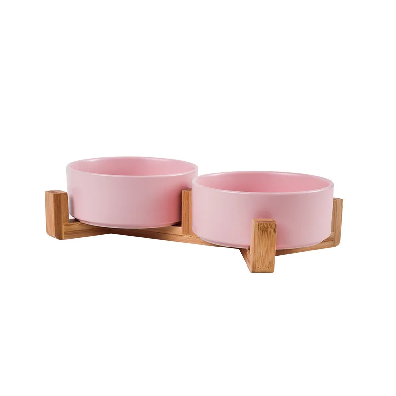 Porcelain pet bowl with bamboo holder for cats and dogs water feeder food feeder