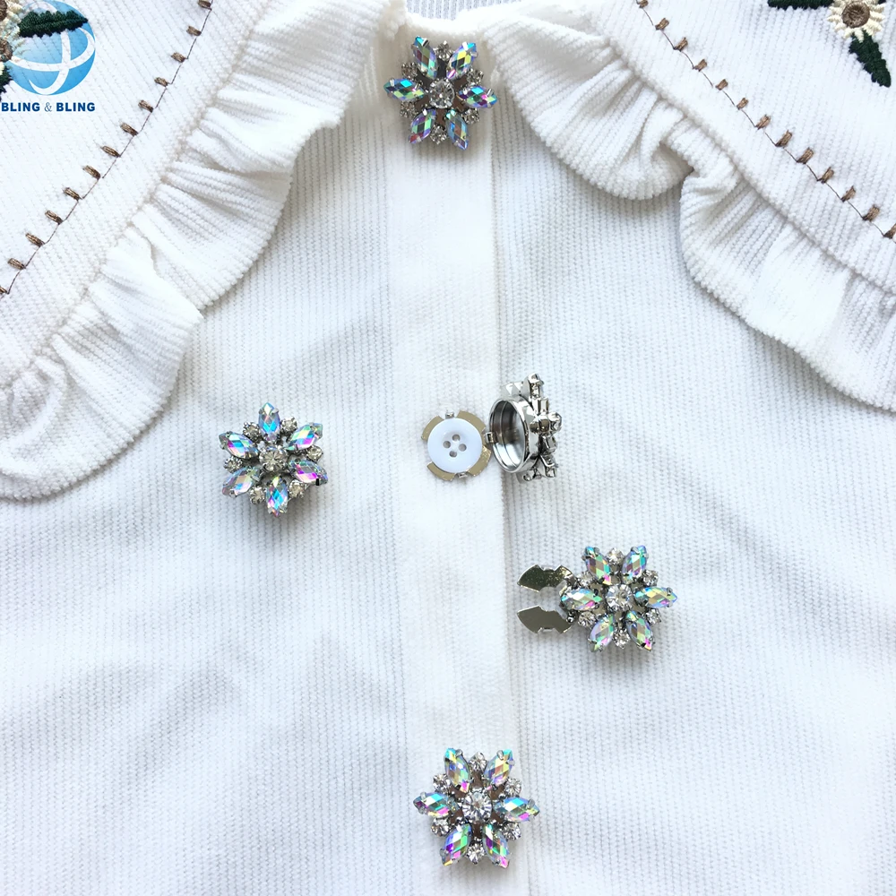 Vrouwen Shirt Strass Ab Kleur Knoop Juweel Geen Naaien Manchetknopen Clip Op Knoop Covers Sieraden Dia Op Knop Cover Custom Logo