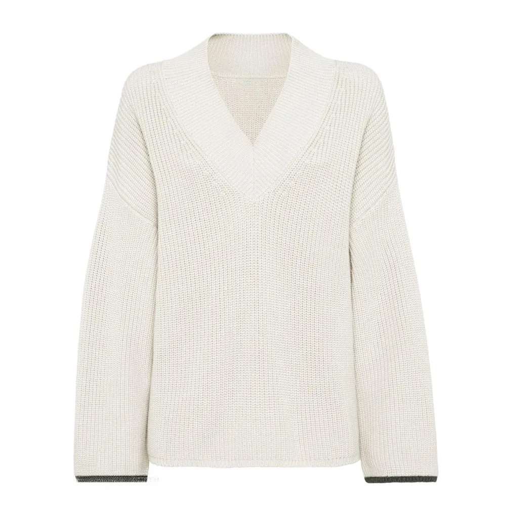 Ladies' Casual Spring Half Cardigan Pullover Sweater 100% Pure Cotton V-Neck Drop Shoulder stitched top Knitwear