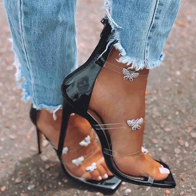 Amazon.com: Sandalias de tacón de aguja transparentes con correa al  tobillo, tacones altos, puntera abierta, zapatos de sandalias de mariposa  coloridas : Ropa, Zapatos y Joyería