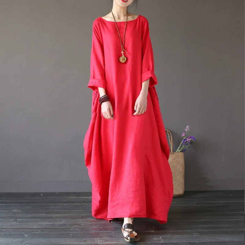 2024 Summer Plain Color High Quality Womens Linen Dresses Loose O Neck ...