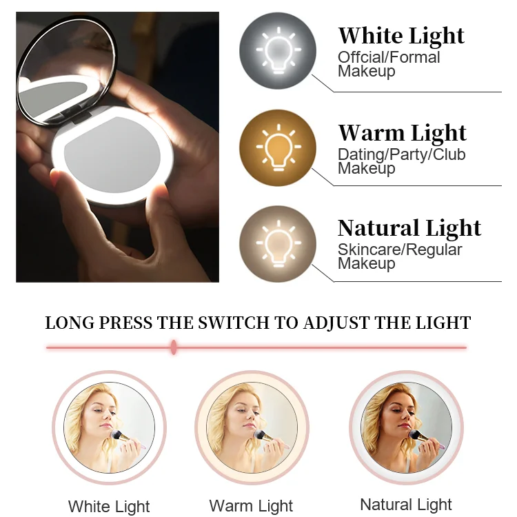 Cute Touch Mini Round Compact Light Mirror Beauty Vanity Cosmetic Double Side Pocket Travel Led Makeup Mirror With Lights