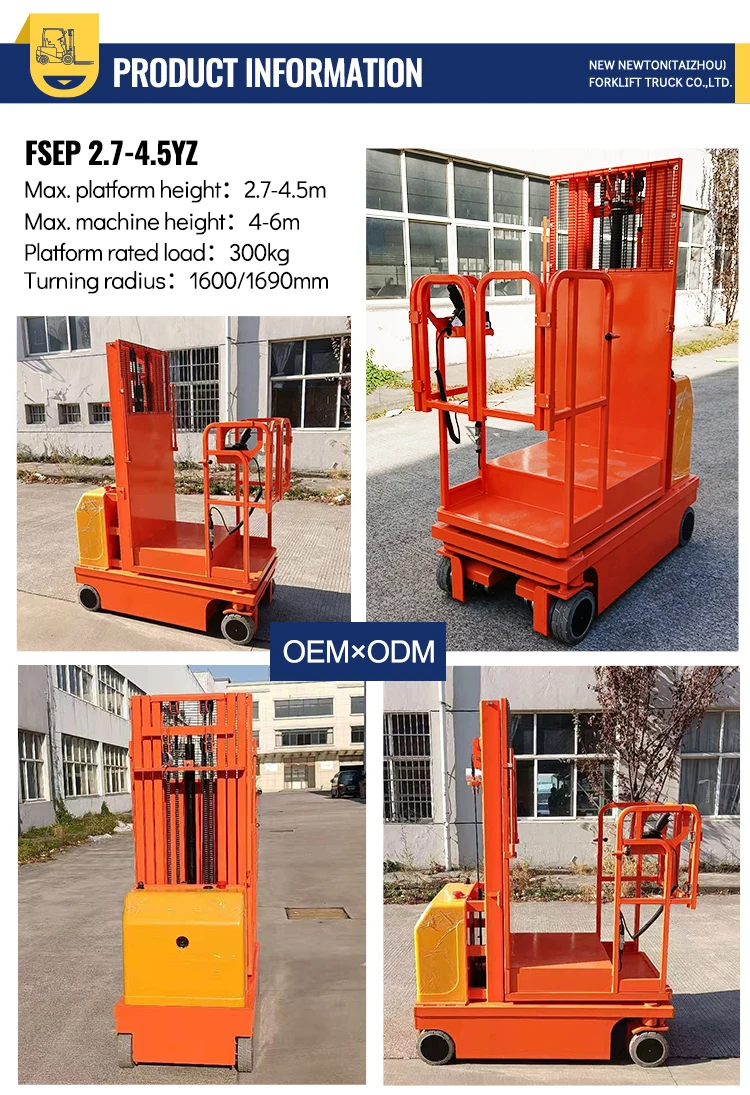 300kg Order Picker Lift Electric 2.7m 3m 4m 4.5m Electric Forklift High ...