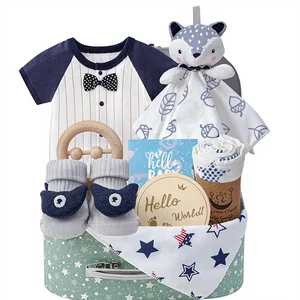 Baby Boy Gift Basket Set 9-Piece Newborn Essentials Fox Lovey Blanket Onesie Wooden Rattle Socks Bib Suitcase 0-6 Months