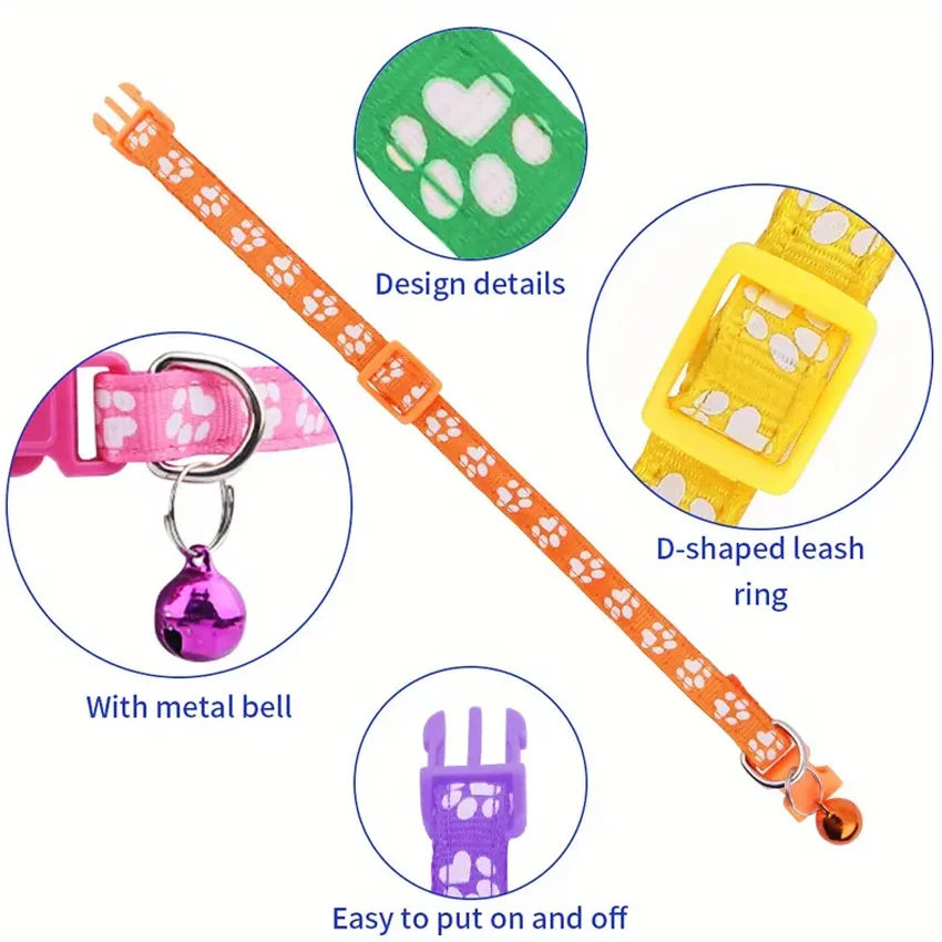 Adjustable Nylon Dog Collar with Quick Release Buckle Durable Paw Pattern Print Bell and Breakaway Design for Pets