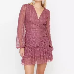 Custom Lady Party Dress V-Neck Wrap Mesh Ruffled Hem Dot Textured and Ruched Mini Casual Dress Women's Dresses