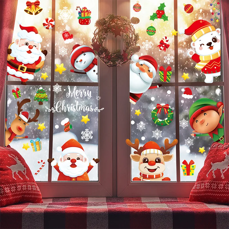 Рождественские украшения, праздничные снежинки, Санта-Клаус, олени, наклейки, рождественские снежинки, оконные наклейки
