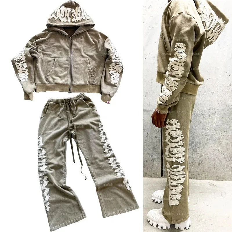 Custom Zip up Hoodie and Jogger Sweat Pant Set Cotton Applique Acid Wash Sweatsuit Distressed Embroidery Flare Tracksuit for Men