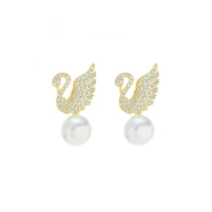 Women's Fashion Gold Plated Swan Pendant Earrings with Zircon Drop Luxury Pearl Made of Zinc Alloy Stylish Personality Design