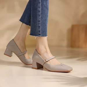 Women's 332-33 Single Sheepskin Square Head Mary Jane Flats Middle Heel Thick Leather Buckle Belt Soft Flat for Spring Autumn