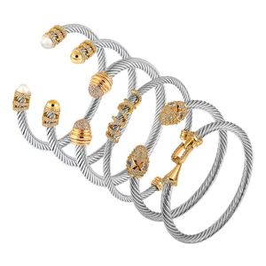 18K Gold Plated Adjustable 316L Stainless Steel Bangle for Unisex Fashionable Twisted Wire with Diamond Set Zircon Charm Gift