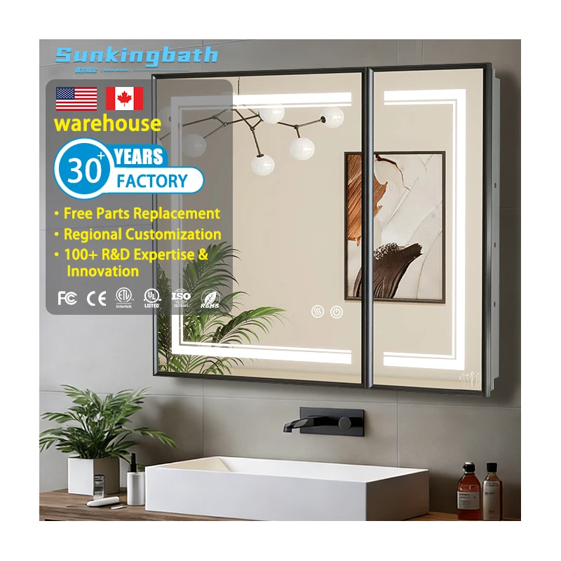 Modern Style Led Bathroom Mirror Double Doors Three Color Lights Defogger Vanities Bathroom Medicine Cabinet with Mirror